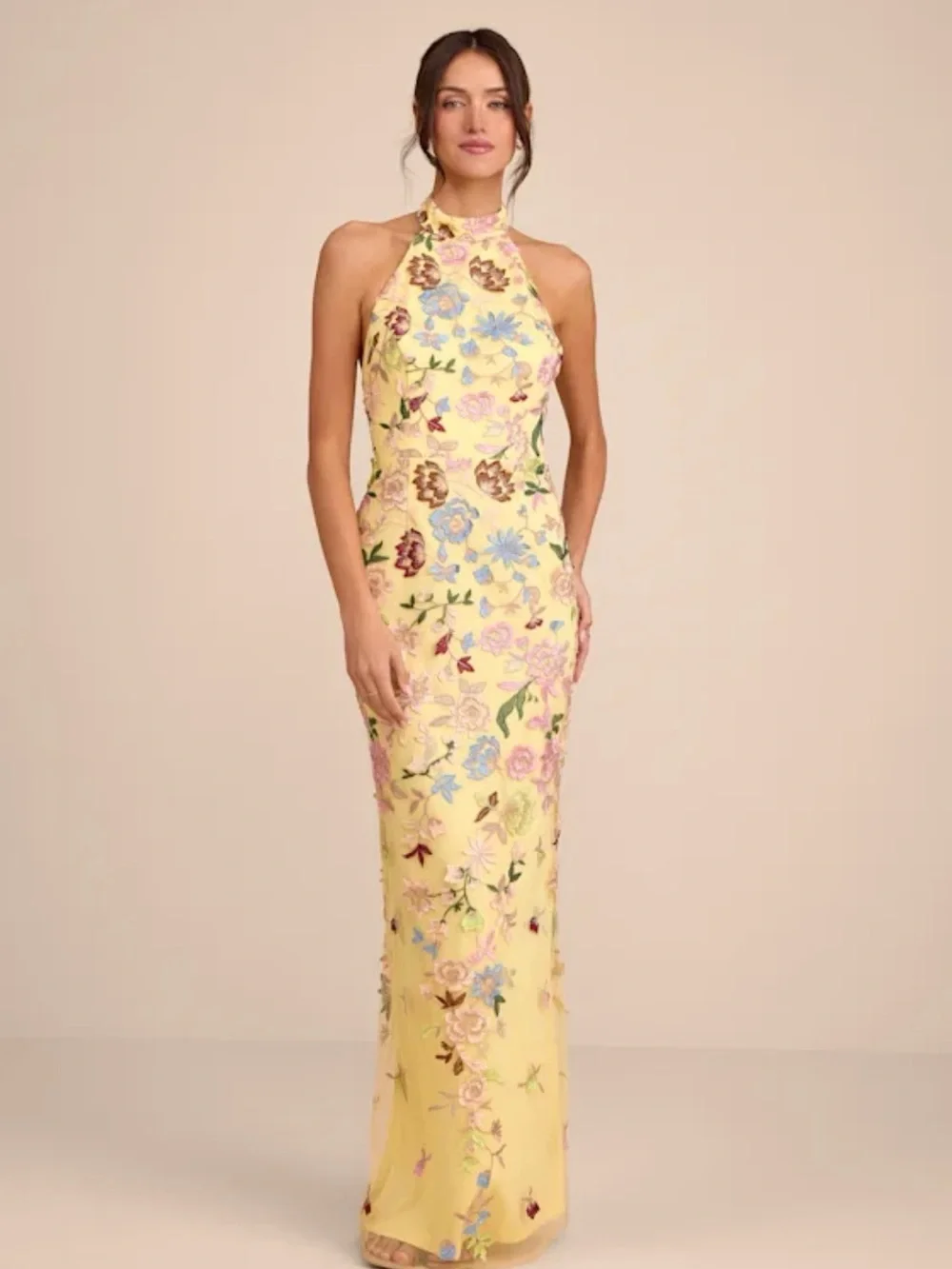 Lulus Infinite Praise Yellow 3D Floral Embroidered Halter Maxi Dress size small